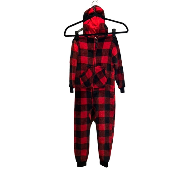 Cat & Jack Buffalo Plaid Plush Fleece One Piece Sleeper with Hood Size 4 Red - Picture 1 of 8